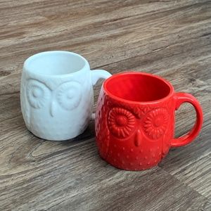 West Elm Owl Coffee Mugs in Red and White Set of 2